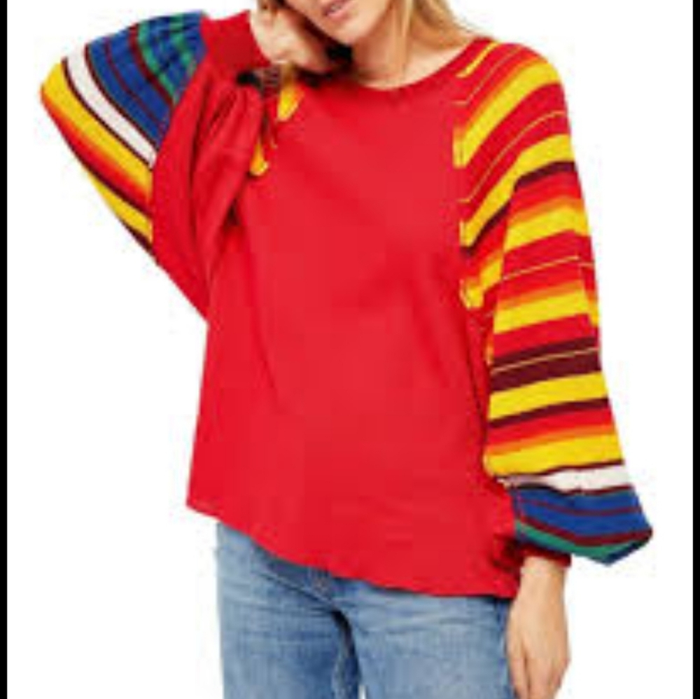 We the Free thermal top Color Block puffy sleeve stripe boxy oversize rainbow